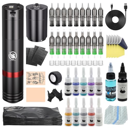LIUMATE Wireless Maschine Set Kabellose Rotary Pen Maschine 2 Stück 1500mAh Battery mit 20 Stück Nadel 11 Flaschen Tinte Komplettes Zubehör für Anfänger und Künstler