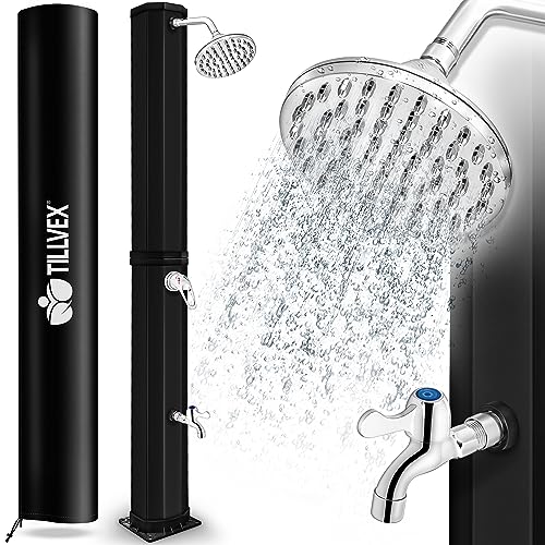 tillvex Solardusche 35 Liter inkl. Abdeckung | Solar Garten-dusche warmes Wasser | Pooldusche Camping | ohne Stromanschluss | mit Wasserhahn | Gartenschlauch-Anschluss (Schwarz, 35 Liter)