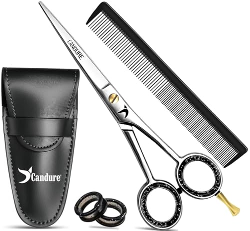 Candure Friseurschere 6,5 Zoll Professionelle Haarschneideschere mit Kamm & Lederetui für Friseure, Barbier, Männer, Frauen & Kinder - Edelstahl Haarschere für Salon & Zuhause