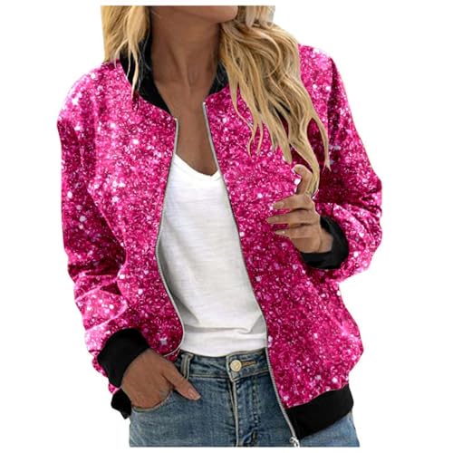 Pailletten Jacke Damen mit Reißverschluss Glitzer Bomberjacke Bolero Elegant Jacken Festliche Disco Kostüm Langarm Casual Pailettenjacke Slim Fit Winter Streetwear Top Glitzertop für Rave Party
