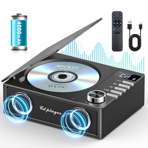 Greadio CD Player Tragbar mit Bluetooth 5.3, 4000mAh Wiederaufladbarer CD-Player mit Fernbedienung, HiFi-Sound-Lautsprecher, unterstützt USB, TF, AUX, LED-Display für Zuhause/Auto/Geschenk