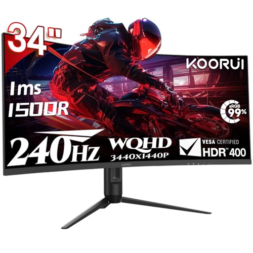KOORUI 34-Zoll-Gaming-Monitor,240Hz PC Bildschirm,Curved 1500R,Adaptive Sync, Ultrawide WQHD (3440×1440), HDR400, höhenverstellbar (110 mm),Pip/PBP,Schwarz