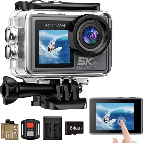 Ruycllo Action Cam 5K/ 4K, 50MP 30M/98FT wasserdichte Unterwasserkamera mit 64GB SD Karte, EIS, WiFi, 170° Ultra-Weitwinke Action Kamera–Ideal für Fahrrad, Schnorcheln, Motorrad, helmkamera