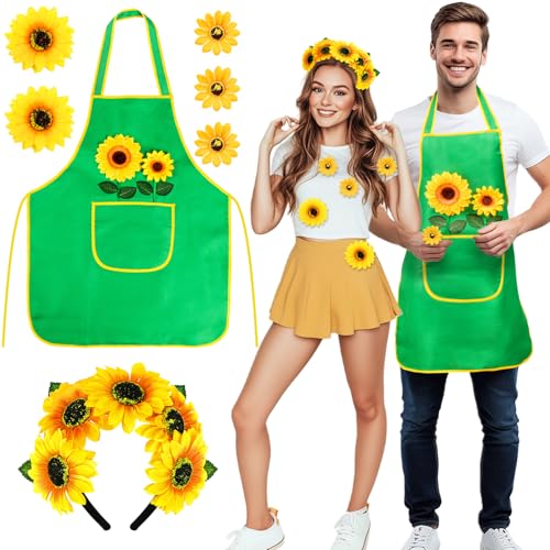iZoeL Karneval Sonnenblumen Kostüm Gärtner kostüm Damen Herren, Sonnenblumen Haarrreif Gärtner Schürze Sonnenblumen Aufkleber Karneval Kostüm Accessorie, Damen Herren Faschingskostüme Mottoparty