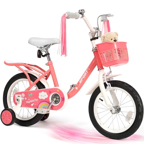 BODIOO 14 Zoll Kinderfahrrad Fahrrad für Mädchenmit und Jungen Stützrädern & verstellbarem Sattelfür Spielrad mit Korb & Klingel Fahrer von 94 bis 107 cm-Rosa