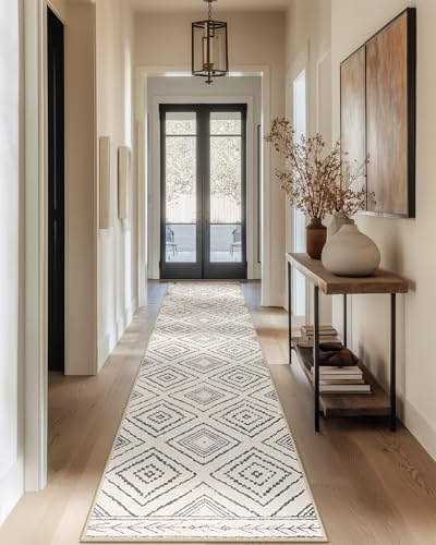 DEFYNEE Teppich Läufer Flur 60 x 300 cm, rutschfest Küchenläufer, Kurzflor Teppichläufer, Waschbar, Faltbar, Boho Design – für Flur, Küche, Wohnzimmer & Büro, Schwarz-Weiß