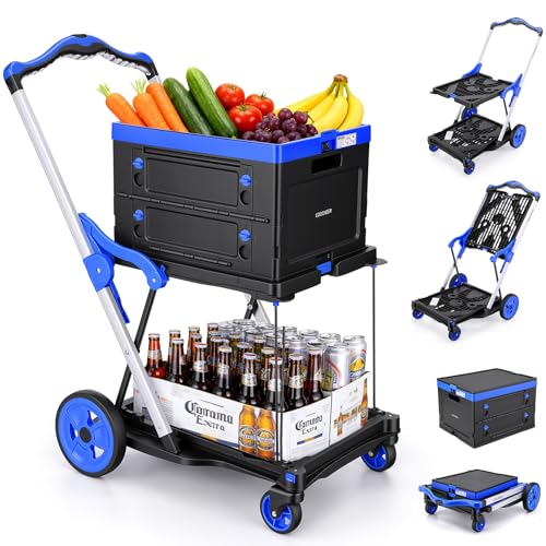 COOCHEER Einkaufswagen Transport-Klappmobil 90kg Traglast, 2 Etagen Kaufstrolley mit Klappbarer Korb, EIN-klick Faltung in 3 Sekunden, Höhenverstellbarer Griff für Supermarkt, Haushalt, Lager & Reise