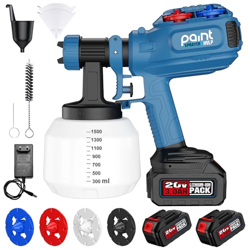 Akku Farbsprühsystem, Farbspritzgeräte mit 2X 3000mAh Akkus, Ladegerät & Düsenlagerung, Elektro Lackierpistole mit 1500ML Behälter, Zaun Farbspritzpistole für Möbel, Farbpistole für Wandfarbe, Decke