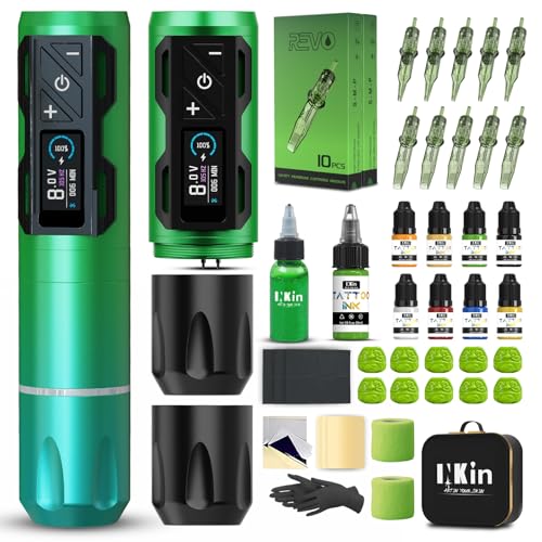 INKin Tattoo Maschine Set, CL4 Tätowiermaschine Set mit 2 1800mAh Akku Stromversorgung 4.0 Hubläng Tattoomaschine, Tattoo Set mit Revo Tattoo Nadeln und 8 Tattoo Ink für Tattoo Künstler und Anfänger