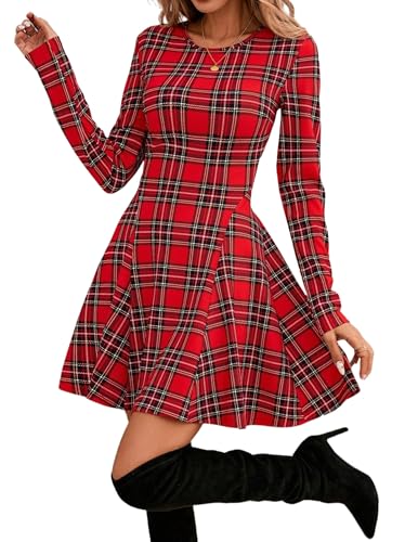Hotouch Langarmkleid Damen Elegant Tunika Kleid Rundhals Casual Lose Swing Kleid Mini Kleider Hohe Taille Plaid Dress