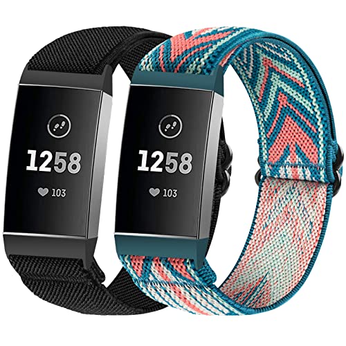 SITAFU 2 Stück Armband Kompatibel mit Fitbit Charge 3/Fitbit Charge 4 Armband Damen Herren, Elastisches Nylon Verstellbar Dehnbar Ersatzband für Fitbit Charge 4/Fitbit Charge 3
