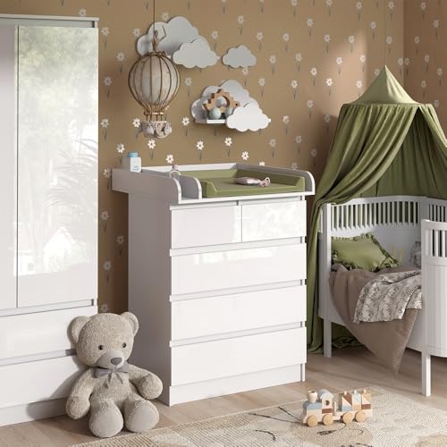 Vicco Wickelkommode Emma, Wickelaufsatz für die Kommode, Weiß, 80 x 110.2 cm mit 5 Schubladen