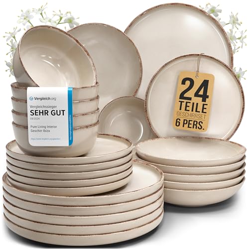 Steingut Geschirrset 6 Personen Rustic 24 tlg. TESTSIEGER, Hochwertiges Landhaussttil Steingut Geschirr Set, Schüssel- und Teller Set, Tafelservice 6 Personen, Geschirrsets Pure Living in Beige
