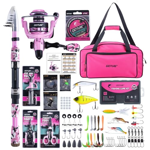 Goture Angelset Komplett (Rosa), Teleskop-Brandungsrute aus Kohlefaser & Spinnrolle mit 3+1 gekapselten Kugellagern, inkl. Angelwerkzeuge, Rollentasche - Professionelles Angeln im Salzwasser