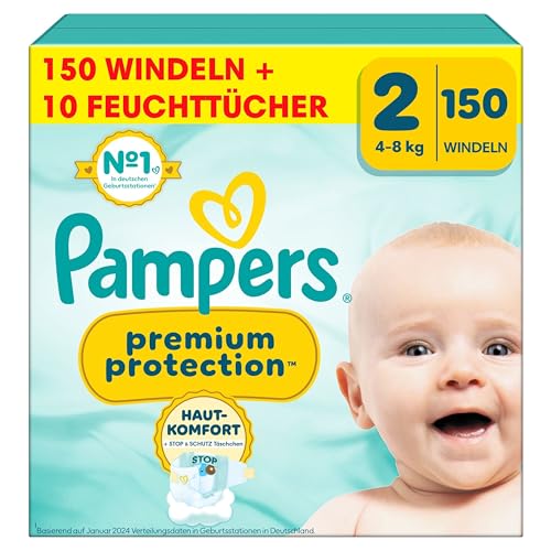 Pampers Premium Protection Größe 2, Windeln, 4kg-8kg, Doppelter Schutz für die Haut und vor Auslaufen +10 Stück Pampers Aqua Baby-Feuchttücher enthalten
