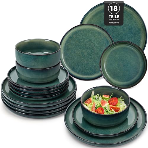 Geschirrset 6 Personen modern, vancasso STARRY 18 teiliges Steinzeug Geschirr Set, Teller Set, Kombiservice Set Grün, Tafelservice 6 Personen, Inklusive Speiseteller, Dessertteller und Müslischalen