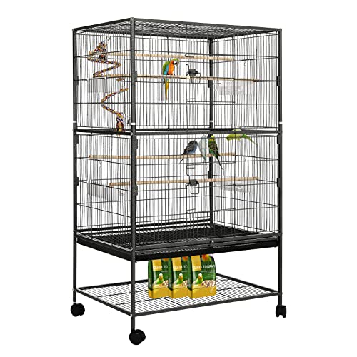 LIFERUN Vogelkäfig groß, Vogelkäfig aus Metall, Vogelbauer mit 4PCS Rollen, Wellensittich käfig mit Futternapf, Käfigspielzeug, Spring-Schaukel für Vogel mit 2 Türen 4 Holzstangen, 132 x 78 x 52 cm