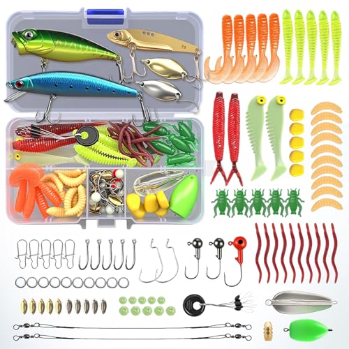 Angeln Köder Set mit Köderbox für Hecht,Zander,Forelle,Barsch,Angelzubehör - Gemischt Kunstköder,Gummifische,Spinner,VIB,Oberflächenköder,Popper,jigheads für Süß- & Salzwasser Fischen