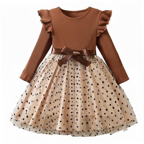 JiAmy Tüllkleider für Mädchen Langarm Rippstrick A-Linie Herbst Winter mit Gürtel Kinderkleid Partykleider 110, Khaki