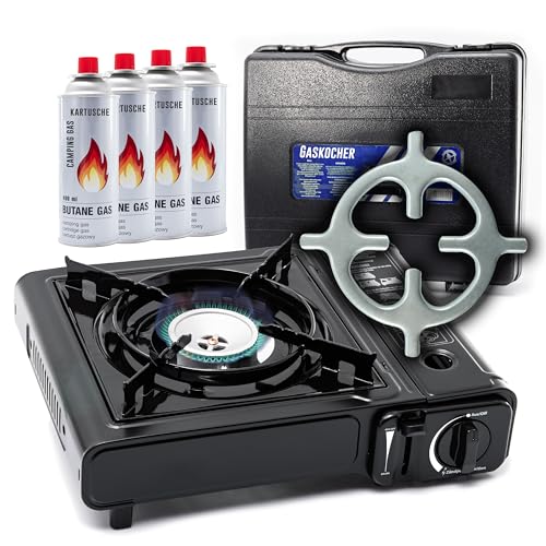 TruWare Camping Gaskocher Set – Tragbarer Campingkocher mit 4 MSF-1A 227g Gaskartuschen, Kocherkreuz – Für Outdoor-Küche, Balkon, Picknick & Notfall