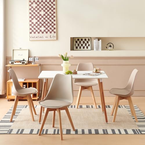 H.J WeDoo Esszimmergruppe Esstisch mit 4 Stühlen Essgrupp, Rechteckig Weiß Küchentisch und 4er Set Esszimmerstühle Sitzgruppe für Wohnzimmer Küche Büro(110x70cm Tisch+4 Khaki Stühle)