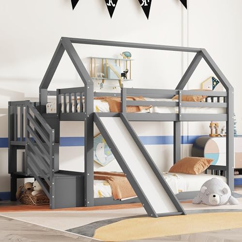 ZYLOYAL10 Etagenbett mit Stauraumtreppe und Rutsche, Hausbett, Kinderbett mit Geländer, geeignet für Kinder, Jugendliche, 90x200cm,Grau