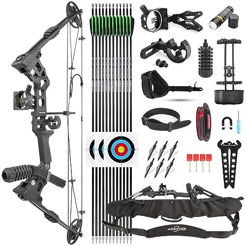 SHARROW Compoundbogenset 20-70 LBS Einstellbare Jagd Compound Bogen und Pfeil Set für Erwachsene Jugend Anfänger Outdoor-Schießen Bogenschießen Set LH/RH (Rechte Hand, Schwarz)