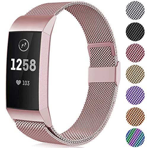 Faliogo Metall Ersatzarmband Kompatibel mit Fitbit Charge 3 Armband/Fitbit Charge 4 Armband, Einstellbare Edelstahl Ersatz Armbänder für Damen Herren, Klein Roségold