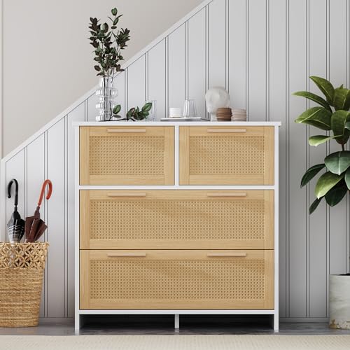 Merax Sideboard Kommode mit 4 Schubladen, Rattanschrank mit Massivholzgriffen, Buffetschrank Standschrank für Wohnzimmer/Schlafzimmer/Esszimmer/Flur, 80x80x38 cm, Natur + Weiß