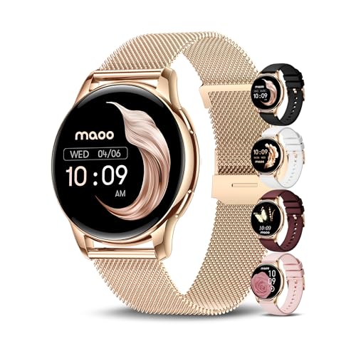 maoo Ventura Smartwatch Damen mit Anruffunktion, 1,32-Zoll-AMOLED-Display, Herzfrequenzmesser, SPO₂, Blutdruckmesser, 100+ Sportmodi, IP67 wasserdicht, inklusive 5 Armbänder (Roségold)