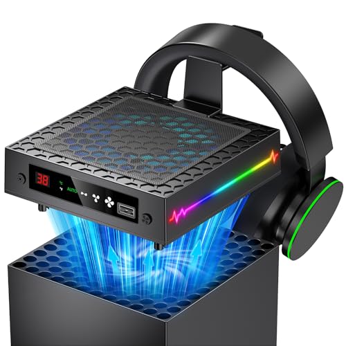 LED Display Automatisch Lüfter für Xbox Series X mit 9 RGB Licht Modi, Kühlsystem mit 4-Modus für Xbox Series X Konsole, Kühler Schalter Licht Schalter, Headset Haken, USB Port, Staubfilter für Xbox X