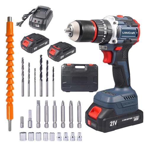 Bürstenloser Schlagbohrschrauber 13MM Bohrfutter, Akku Bohrschrauber Set mit 2 x 2000mAh Akkus, Akkubohrer 55Nm Max Drehmoment