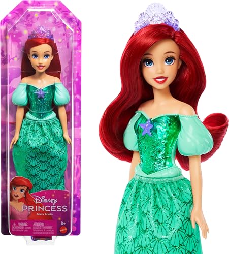 Mattel Disney Prinzessin Arielle Puppe, lange Haare zum Frisieren, beweglich, abnehmbare Schuhe und Diadem, Disney Geschenke, Spielzeug ab 3 Jahre, HLW10
