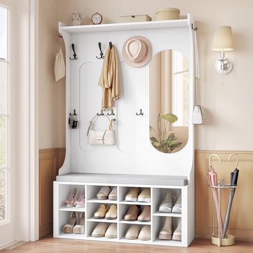 Hzuaneri Garderobenständer mit Schuhbank, Garderobe mit Spiegel, Schuhaufbewahrung, 10 Haken, Verstellbare Regalböden, Freistehend, für Eingangsbereich, Flur, 35,5 x 100 x 185 cm, Weiß HT23503X