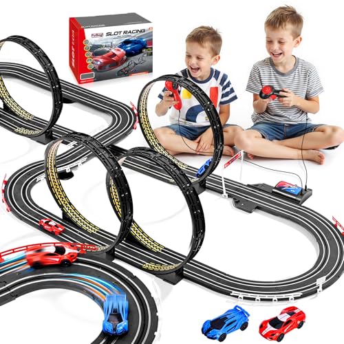 Rennstrecken Elektrische Slot Car Rennbahn Set für Kinder Jungen Alter 6-7 8-12, Batterie Elektrisch Betriebene Rennstrecke für Kinder, Racing Game 2 Hochgeschwindigkeits-Rennwagen 1:64 Maßstab