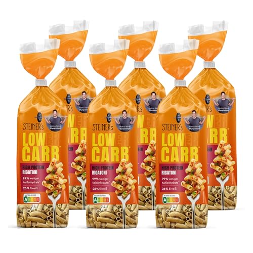 STEINER´s Low Carb Rigatoni | 99% weniger Kohlenhydrate | High Protein aus hochwertigen Zutaten | Nur 1g Kohlenhydrate & 26g Eiweiß pro 100g | Ballaststoffreiche Pasta, schnell und lecker | 6x 250g