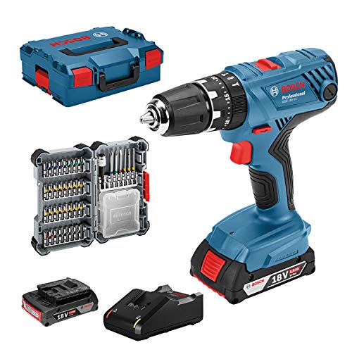Bosch Professional 18V System Akku Schlagbohrschrauber GSB 18V-21 (inkl. 2x 2.0Ah Akku, 40tlg. Zubehör Set, L-BOXX) - Amazon Exclusive