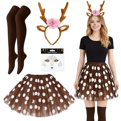 Sranin Karneval Kostüm Damen, Haarreif mit Reh Geweih Hörnern und Blume + Tüllrock + Reh Gesichtstattoo – Reh Kostüm Zubehör für Karneval, Fasching und Mottopartys