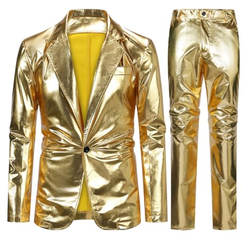 Allthemen Herren Smoking 2 Teilig Slim Fit Kostüm Anzug Hochzeitanzug Jacke Hose Party Disco Gold XL