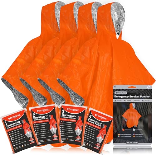 aZengear Notfall-Survival-Poncho (4 Stück) Thermo-Mylar-Folienbeschichtung Decke für Wärmehaltung und Regen | wendbar mit Kapuze | wasserdicht, Winddicht, tragbar, freihändig, Outdoor-Kit