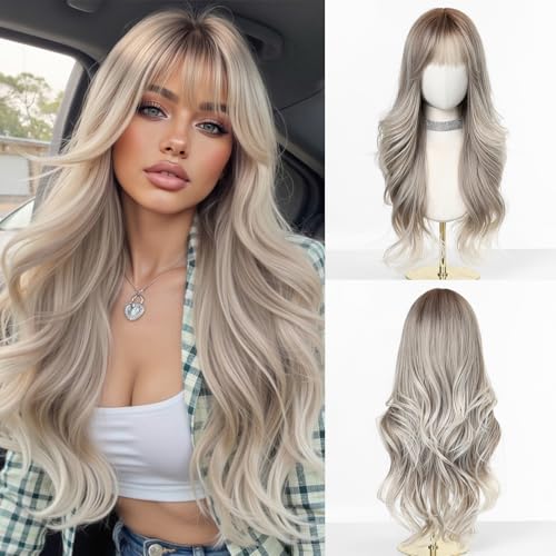 Esmee Lange Wellige Blonde Perücken für Frauen mit Pony Natürliches Synthetikhaar Ombré Perücke für den täglichen & Partygebrauch