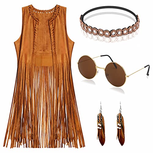 YADODO Hippie Kostüm Damen Set Fransen ärmellos Weste Hippie Kleidung 60er 70er Jahre Bekleidung Damen Mädchen Disco Outfit Cowgirl Kostüm Braun Weste Bolero Karneval Fasching Frauen (XXXL)