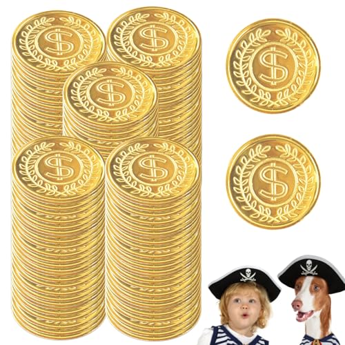 Lithyc 100 PlastikgoldmüNzen-GoldmüNzen Kinder-Kinderspielzeug-Goldtaler-Piratenschatz-Piratengold-Schatzsuchspiel-Ideal FüR Geburtstagsfeiern, Versammlungen