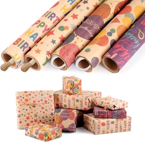 woric 5 Rollen Geschenkpapier Geburtstag, 43cm x 3m Geschenkpapierrolle Kraftpapier Geschenkpapier Set mit Hanfseil & Klebeband für Kindergeburtstag Hochzeit Babyparty Weihnachten