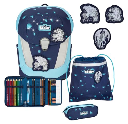 SCOUT Schulranzen LED Sunny II Set 5-teilig Pegasus dunkelblau