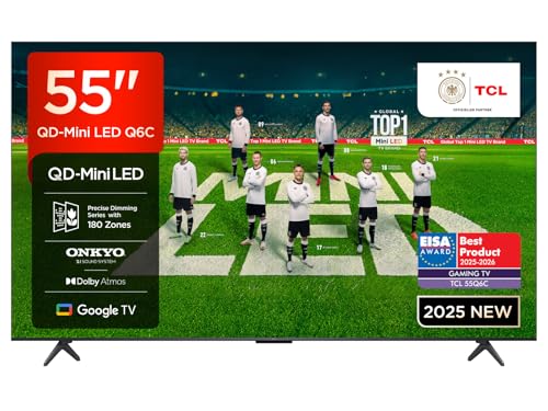 TCL 55 Zoll 55Q6C QLED Mini LED Fernseher, 4K HDR Premium, Dolby Vision IQ & Atmos, Onkyo 2.1, Smart Google TV, 144Hz Motion Clarity Pro, AMD FreeSync Premium Pro, HDMI 2.1, AirPlay 2