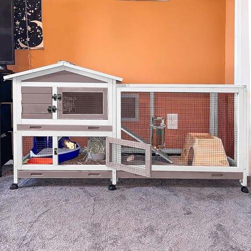 Aivituvin Hasenstall, Kaninchenstall für drinnen und draußen, Kaninchenkäfig auf Rädern, kleintierstall mit 3 tiefen, auslaufsicheren Ablagen, wasserdichtes Dach (Braun)