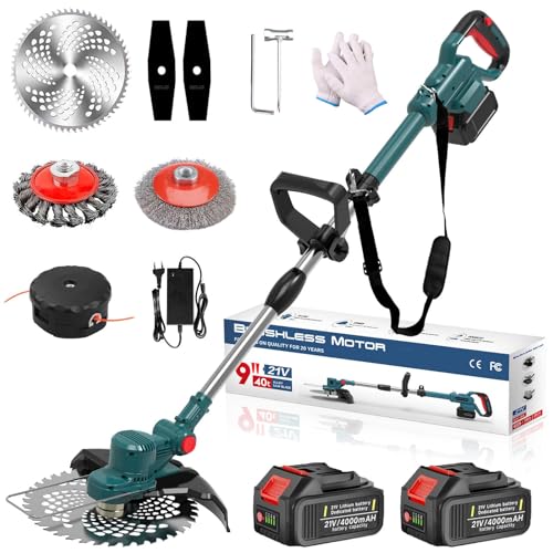 Hengriacly Rasentrimmer mit Akku 21V, Akku Rasentrimmer für Makita Akku, Rasentrimmer mit Unkrautbürste, Freischneider akku, Motorsense Akku- Inkl. 2X4.0Ah Akku & Ladegerät, 750W Bürstenloser Motor