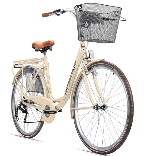 Bergsteiger Paris 26,28 Zoll Damenfahrrad, ab 140 cm, Korb, Fahrrad-Licht, 6 Gang-Schaltung, Damen-Citybike, Damenrad im Retro-Design