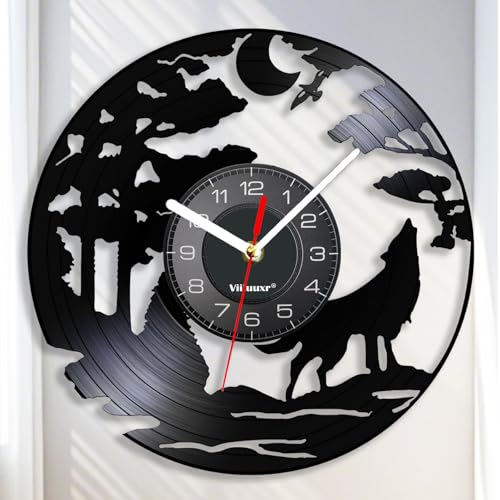 Viiluuxr Vinyl Schallplatten Uhr 30cm Wall Clock Wilder Wolf Kunsthandwerk Wanduhren ohne Tickgeräusche Draußen Garten Wildtiere Deko Weihnachts- und Geburtstagsgeschenk für einen Freund. (Schwarz)